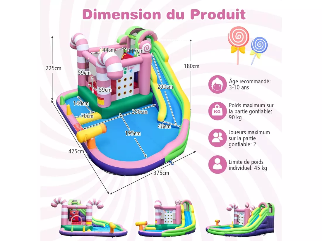 9 en 1 Château Gonflable en Forme Bonbons avec Toboggan, Maison de Saut Gonflable avec Pistolet à Eau, Jeu Tic-Tac-Toe, 50 Boules, Charge 90kg pour 2 Enfants de 3-10 Ans（avec souffleur 680W