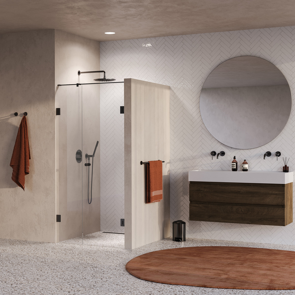 Brauer Void Carving profielloze nisdeur 90cm met draaideur 60cm aan muur gunmetal geborsteld PVD