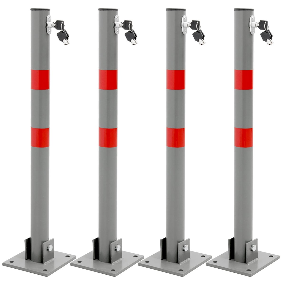 ECD Germany 4x Opvouwbare parkeerbeugel, rond, 71 cm, stalen parkeerpaal, 3 sleutels, antraciet met rode waarschuwingsstrepen, paal, parkeerbeugel, parkeerpaal, paal, standaard