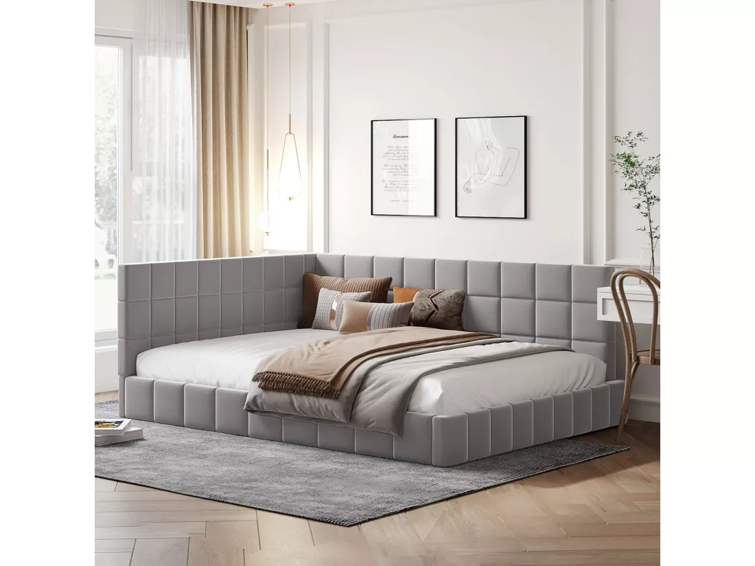 Lit gigogne capitonné 140x200cm, canapé-lit, sommier à lattes, lit adulte, velours, Gris
