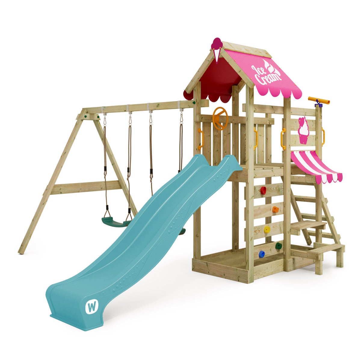 WICKEY VanillaFlyer Speeltoren Klimrek met Schommel en Glijbaan, Klimtoren met Zandbak, Ladder en Speelaccessoires - Turquoise
