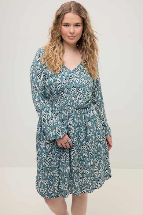 Minikleid, A-Line, Tribal Print, V-Ausschnitt, Langarm