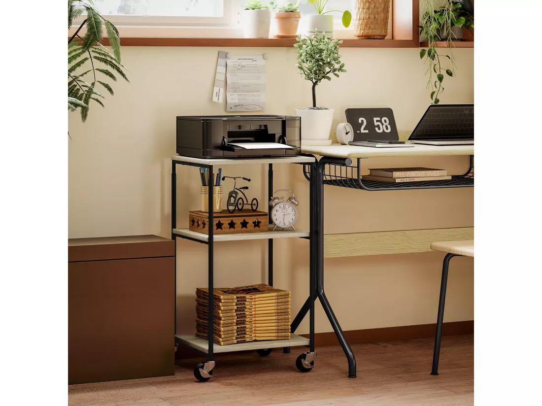 Desserte support d'imprimante 2 étagères et plateau - hauteur réglable - acier noir aspect bois gris