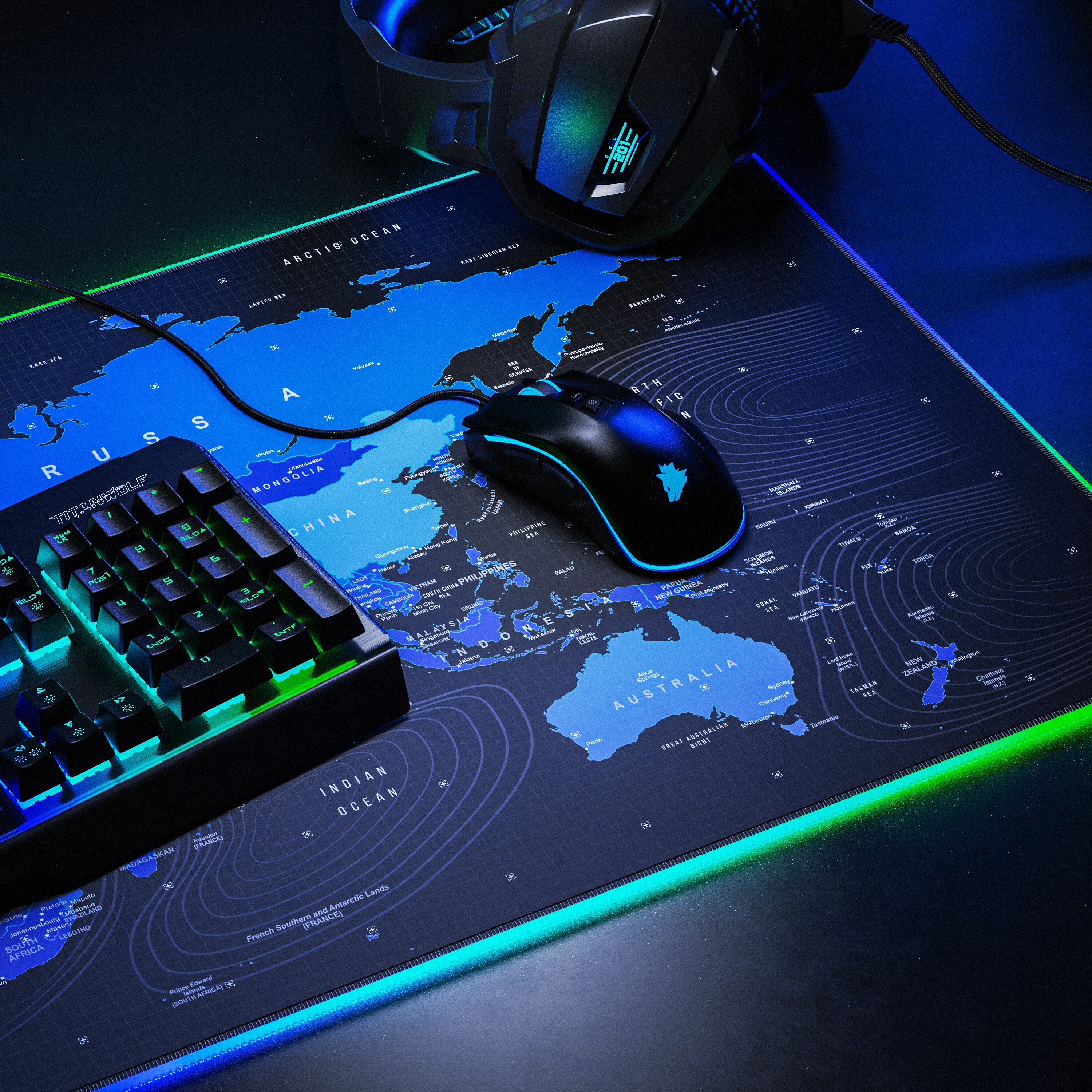 Titanwolf RGB Gaming Mauspad, Mousepad 900 x 400 mm, verbessert Präzision & Geschwindigkeit, Weltkarte blau