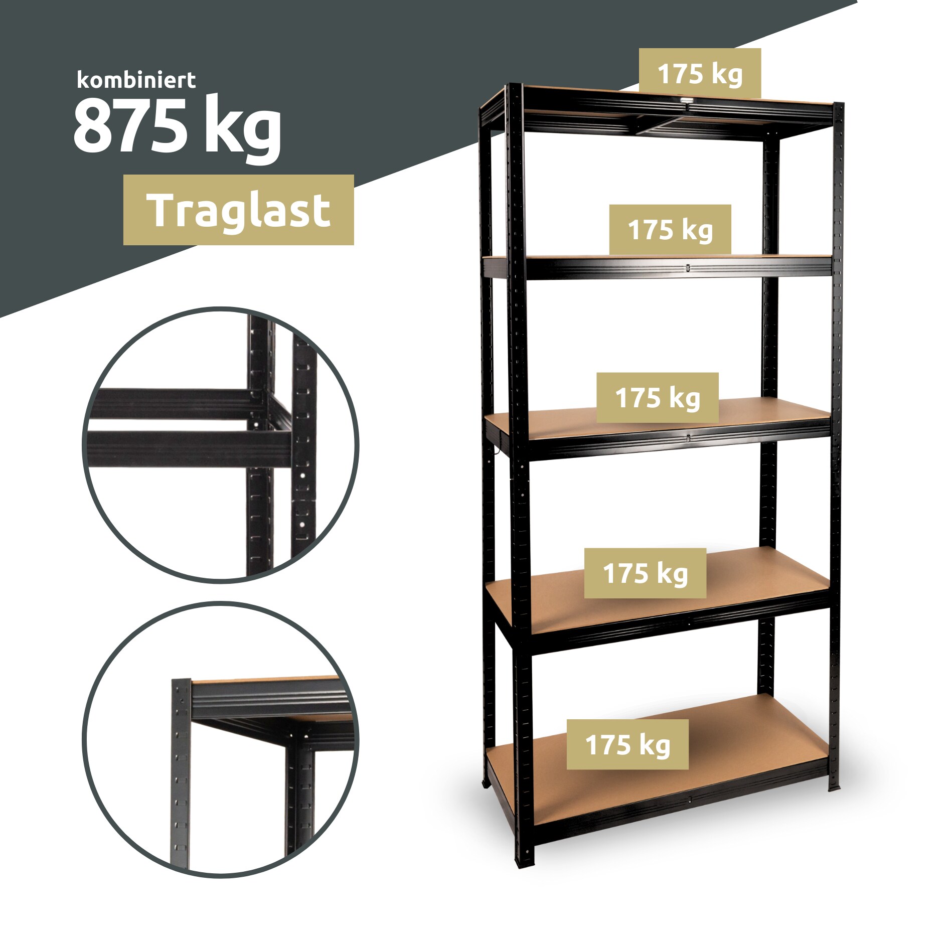 deluxe4home® Schwerlastregal 90x40x180cm I belastbar bis 875kg I 5 Ablagen + Haken | Schwarz