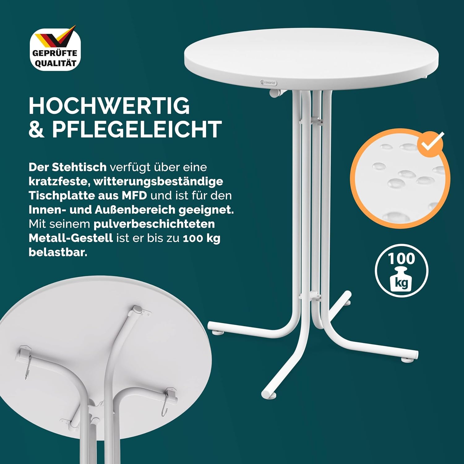 Casaria® Stehtisch Klappbar Outdoor Gastro Bistrotisch 2X Haken Ø 70 cm Rund Witterungsbeständig Weiß Partytisch pulverbeschichtet Metall MDF