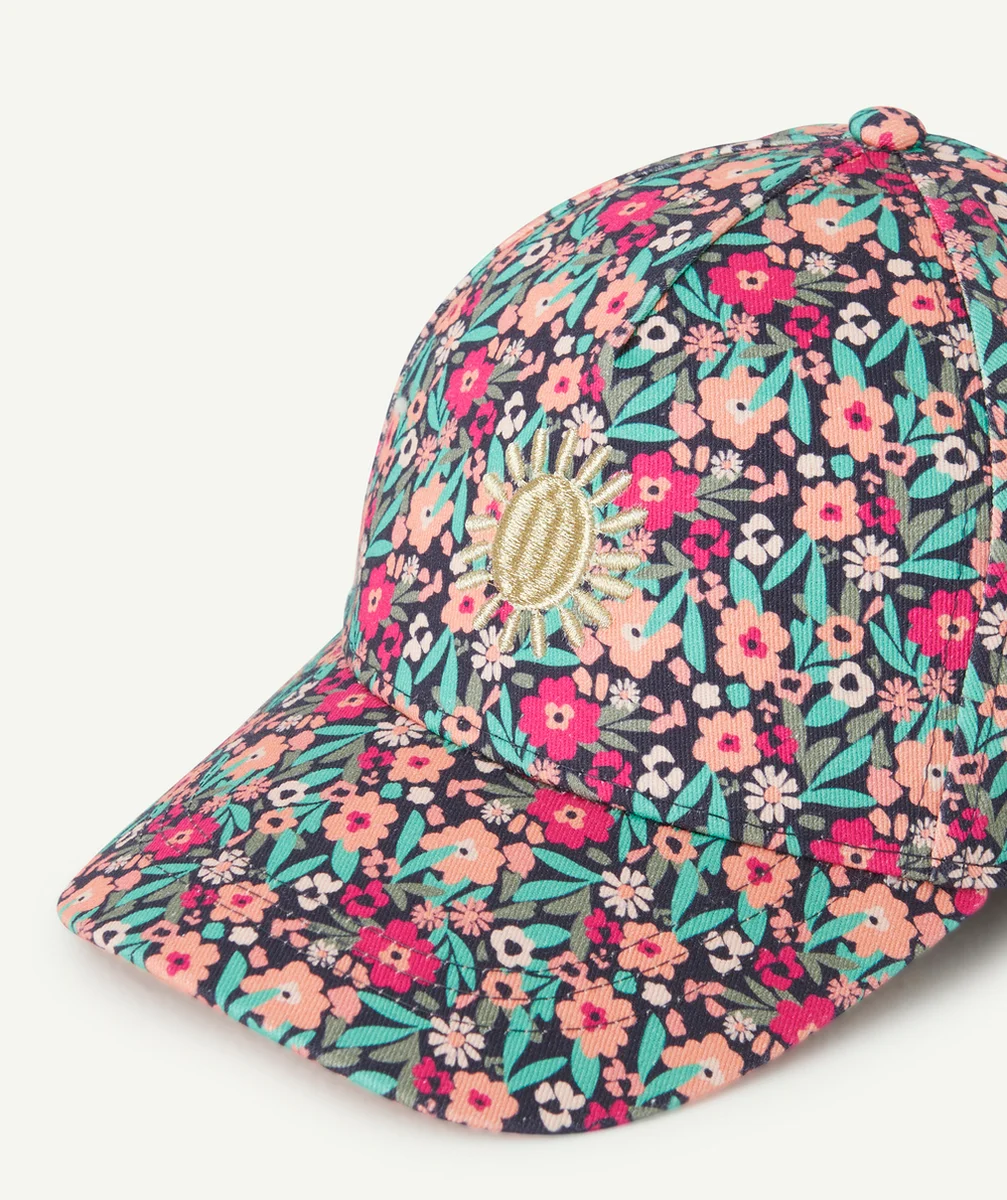 CASQUETTE FILLE IMPRIMÉE FLEURI ET SOLEIL BRODÉ COULEUR DORÉE