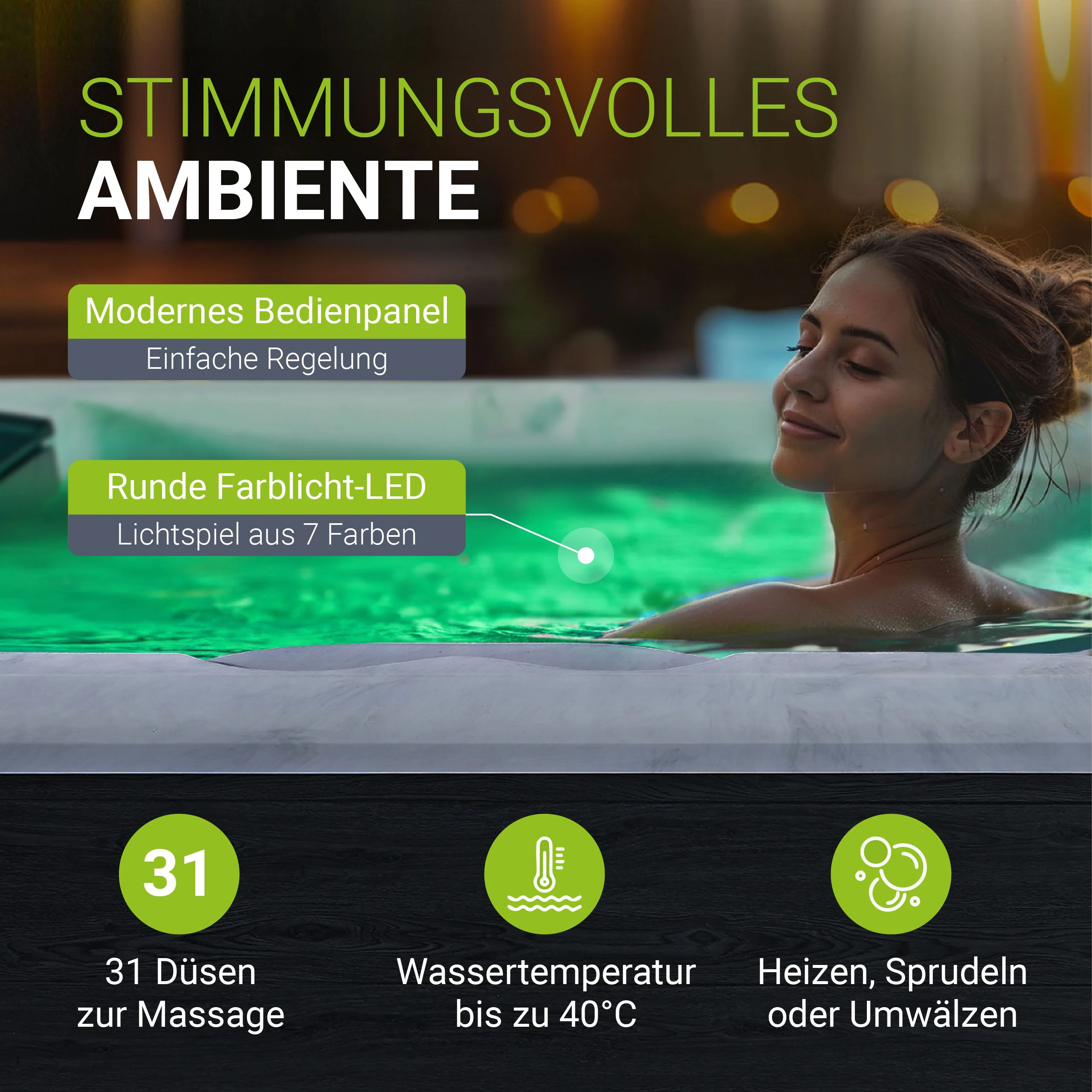 Artsauna Outdoor Whirlpool Oasis - Massagedüsen, LED Licht, Filter, Abdeckung & Heizung