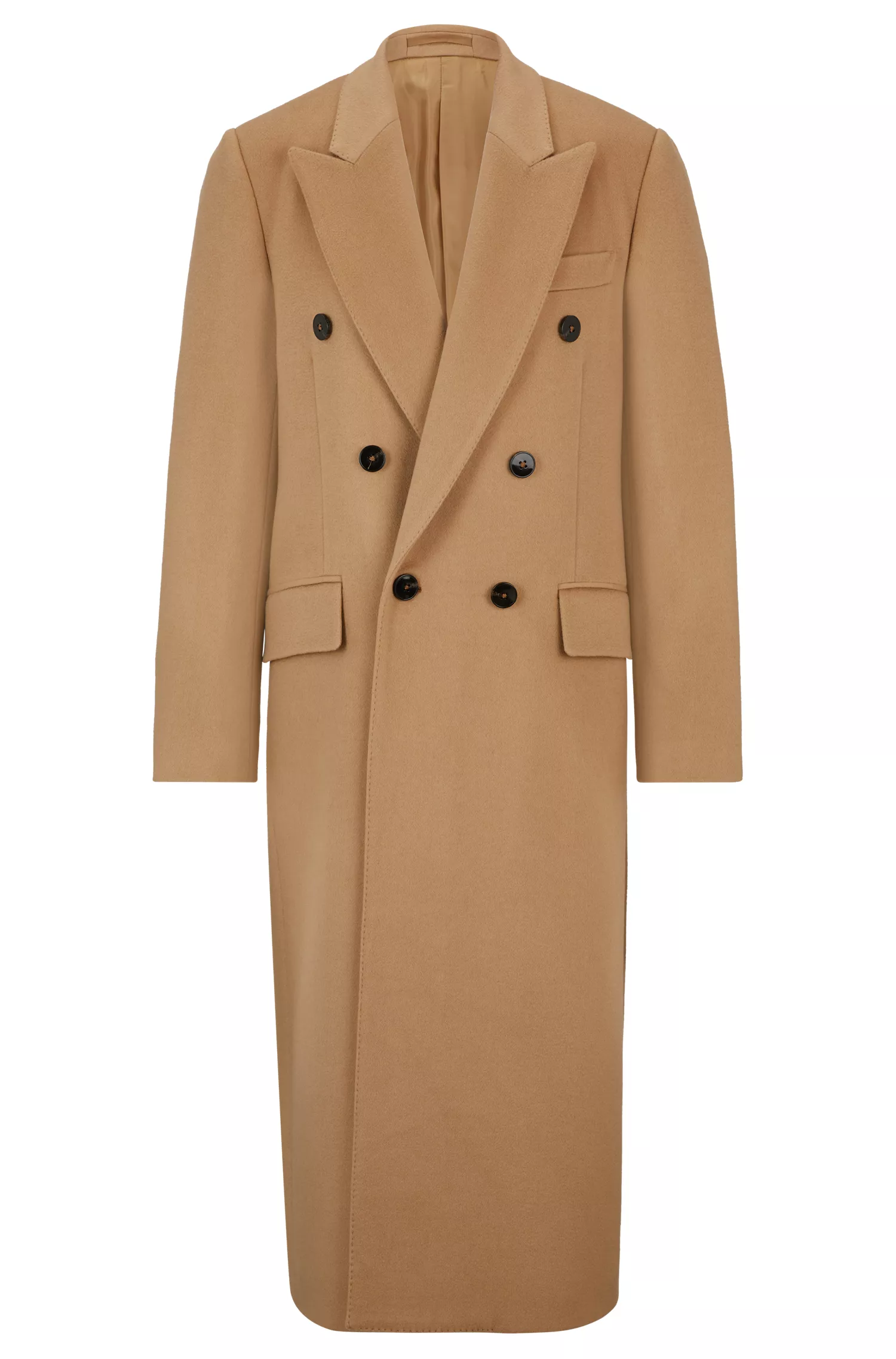 Casaco BOSS Camel de corte relaxado com abotoamento duplo em cashmere puro.