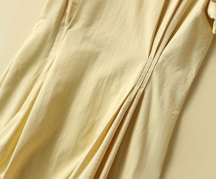 YARU - Korte mouwen V-hals effen geplooide midi-jurk