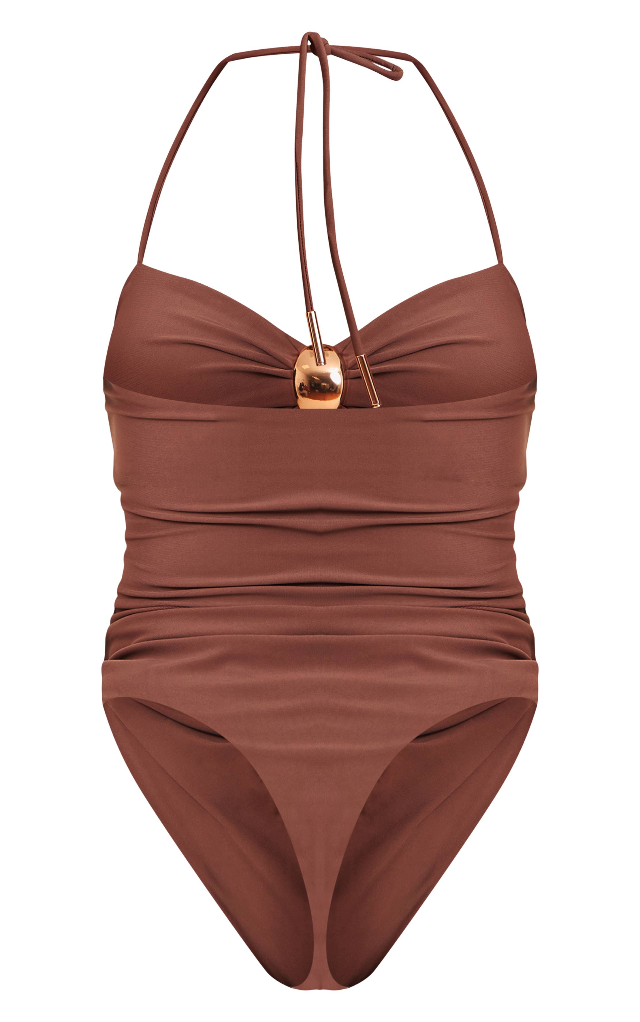 Chocolat Maillot De Bain Forme Galbante À Bretelles Avec Détails Dorés Et Torsade Devant