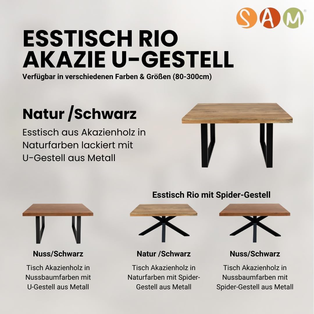 SAM Esstisch 220 x 100 cm Rio, Esszimmertisch naturfarben, Akazienholz massiv, U-Gestell aus Metall Schwarz, gerade Kanten