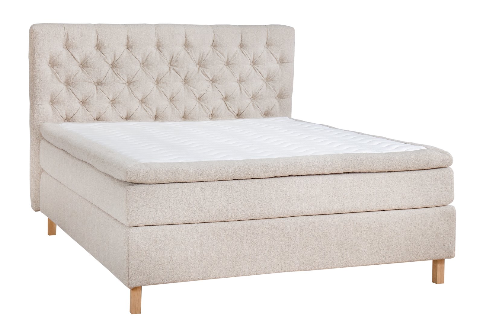 Premium LUX 100 kontinentalseng 150x200 cm i tekstil Bris 05 beige med medium/medium fasthet, Premium LUX 100 overmadrass med tekstilkant og firkantet ben i  hvitoljet eik 15 cm