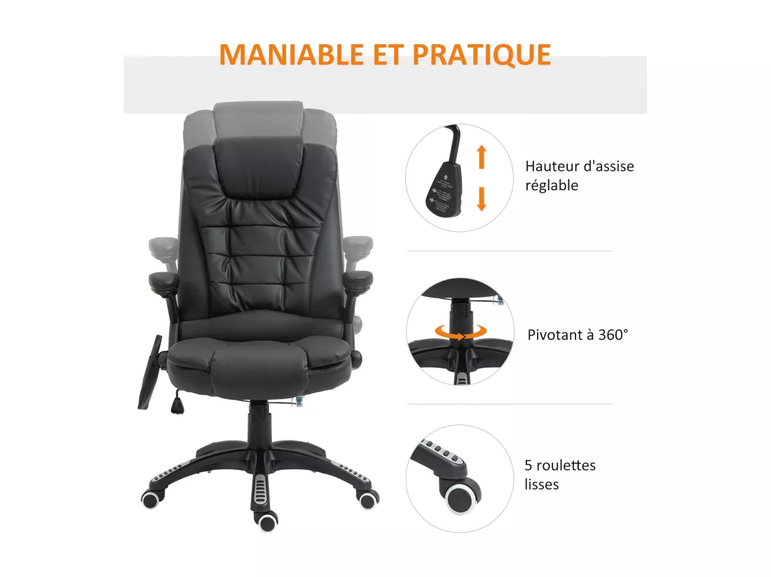 Fauteuil de bureau direction pivotant massant chauffant électrique revêtement synthétique noir