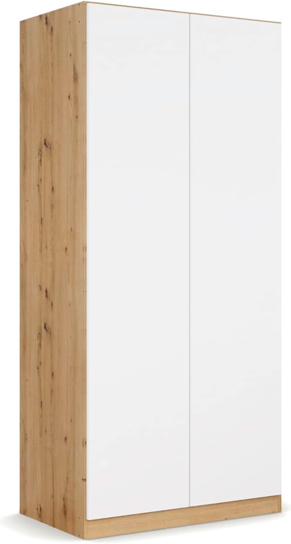 Rauch Möbel Nidda, Drehtürenschrank, Kleiderschrank weiß, Kleiderschränke, Garderobe, Schrank mit Stauraum, 2-türig, grifflos mit Push-to-Open-Funktion, Farbe Weiß-Eiche Artisan, Holz, 91x197x54cm