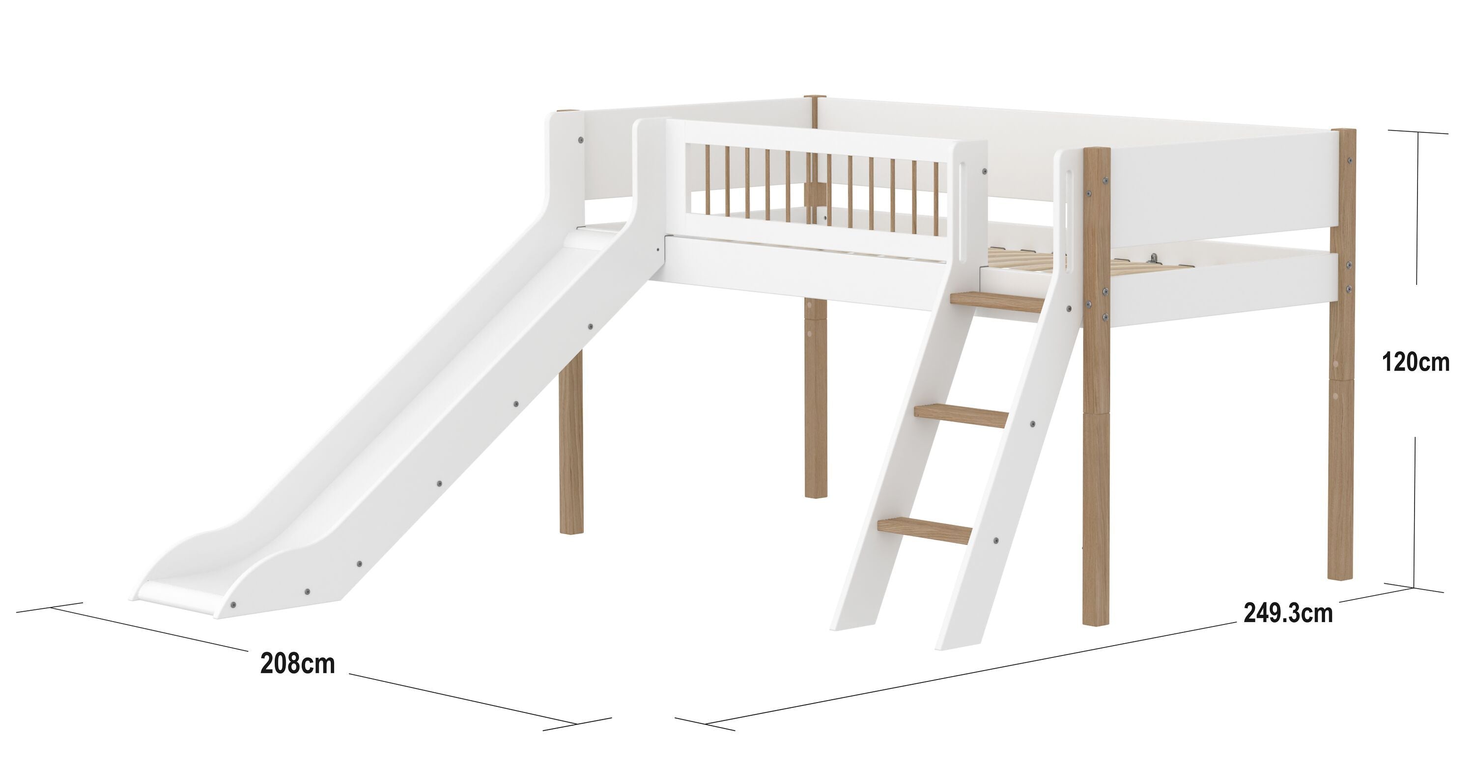 Flexa NOR Schrägleiter Halbhochbett inkl. Pfosten - Weiss / Eiche / B: 250.0 cm x T: 208.0 cm x H: 120.0 cm