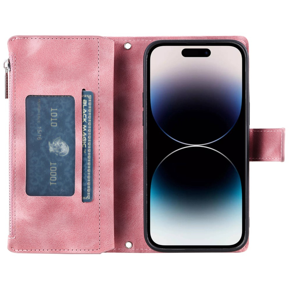 iPhone 16 Pro Leder Tasche Flip Cover mit Reissverschluss - Mandala Flowers Imprint - Rosa