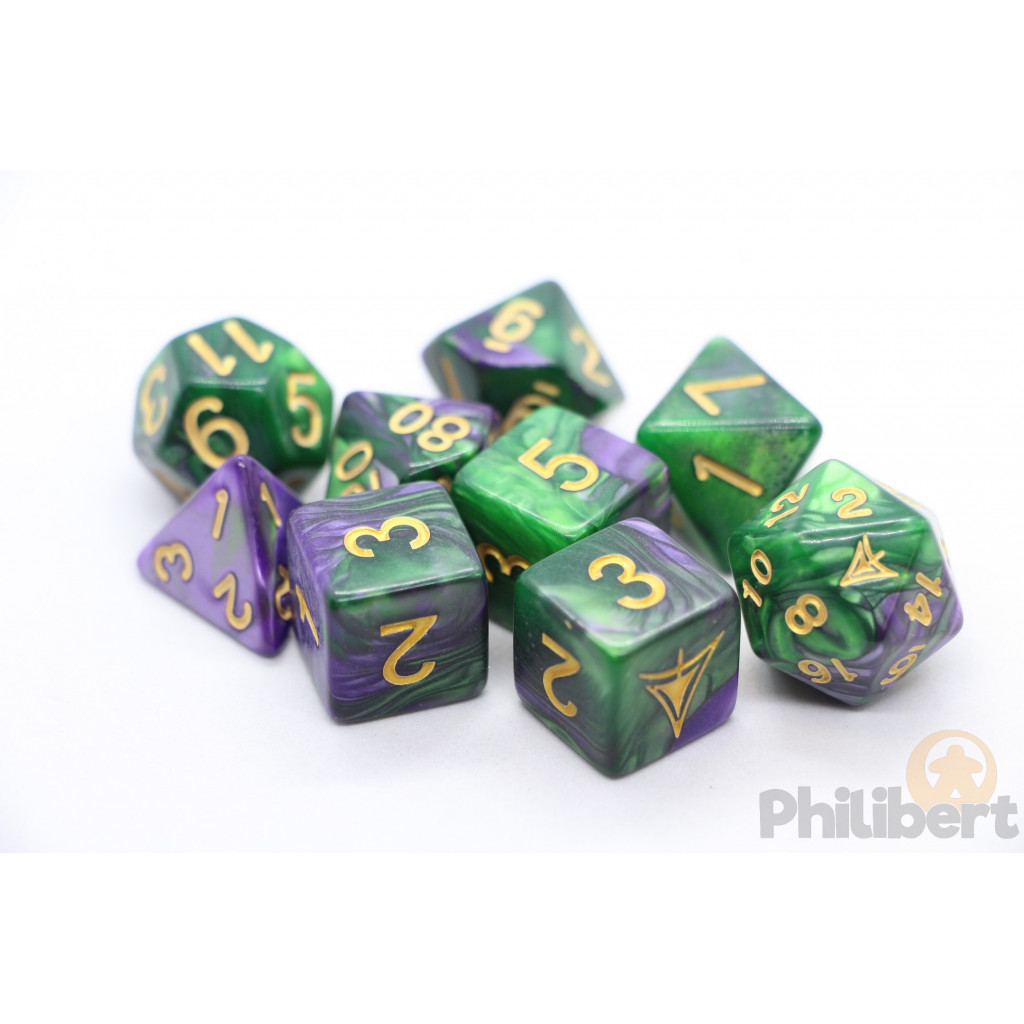 Set de 9 Dés JDR Elder Dice: The Yellow Sign (Purple & Green )