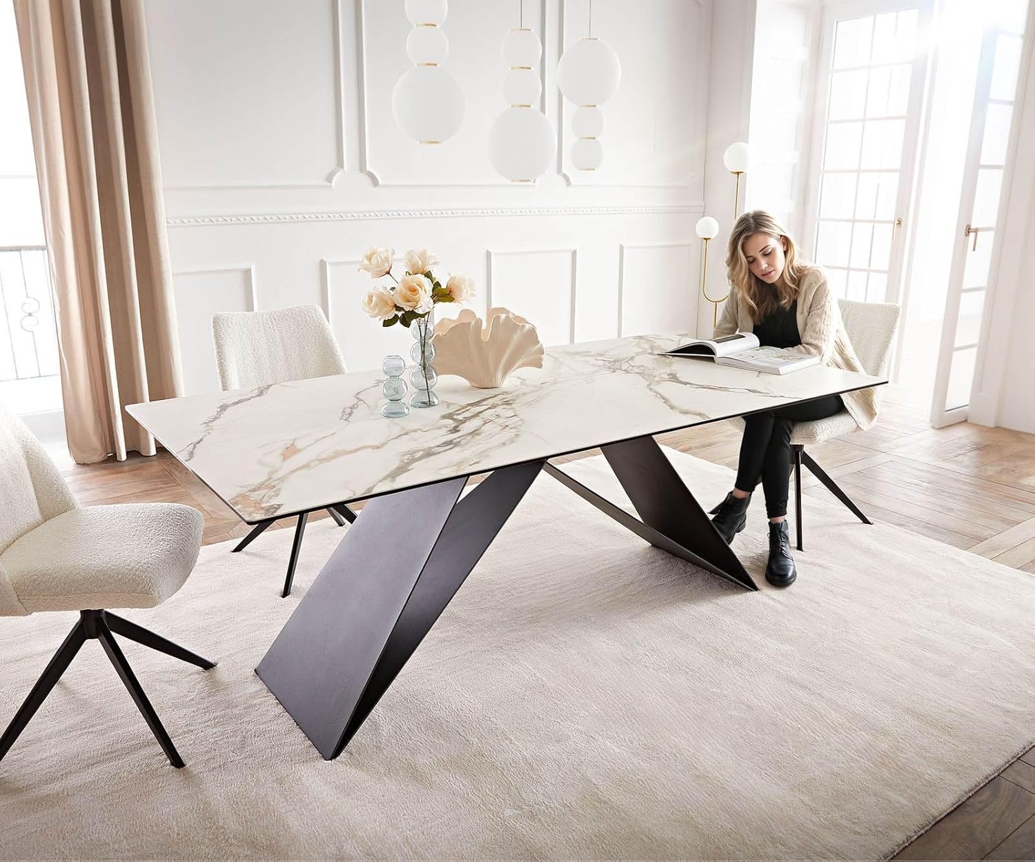 DELIFE Esszimmertisch Edge Keramik Calacatta Luxe Weiß-Gold-Grau 200x100 V-Gestell Flachstahl Schwarz