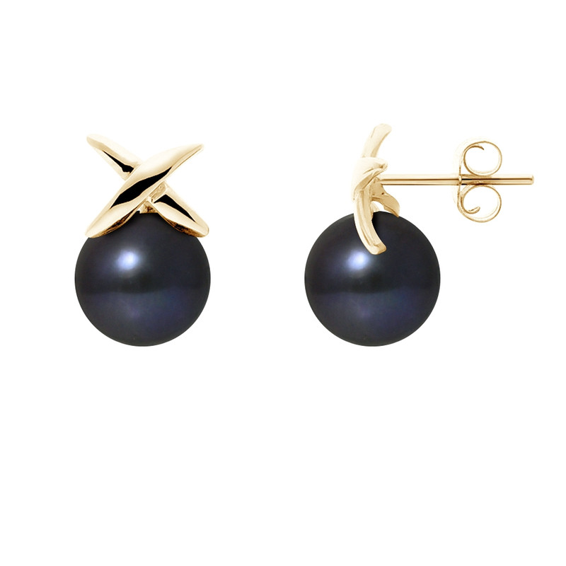Boucles d'Oreilles Perles de Culture Noires et or jaune 750/1000