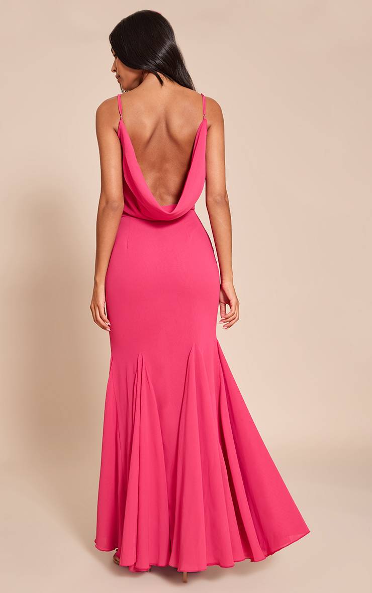 Fuchsia Robe Longue Grande Taille En Mousseline À Encolure Ronde Et Dos Drapé Sans Manches