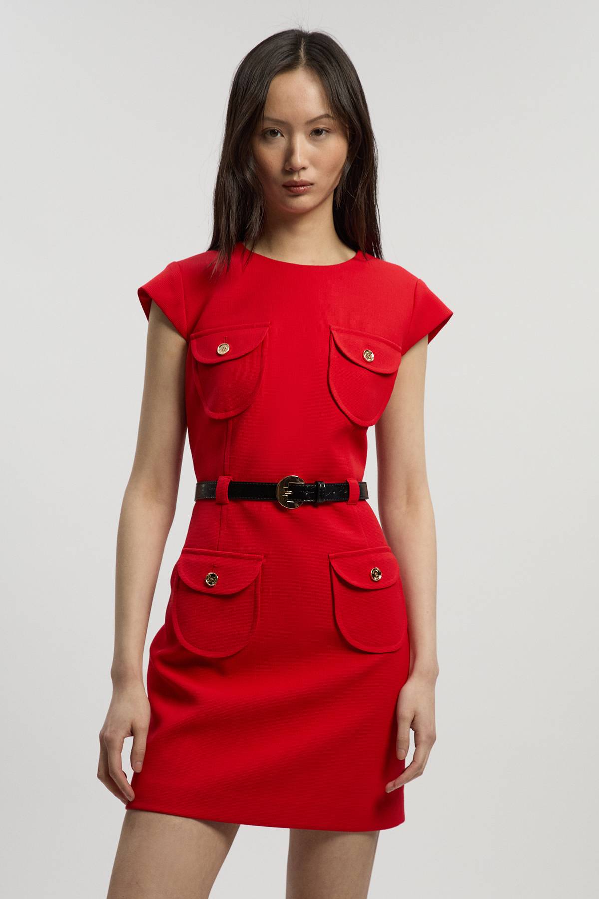 KarenMillen Robe Mini Ajustée Texturée Stretch Compact avec Ceinture