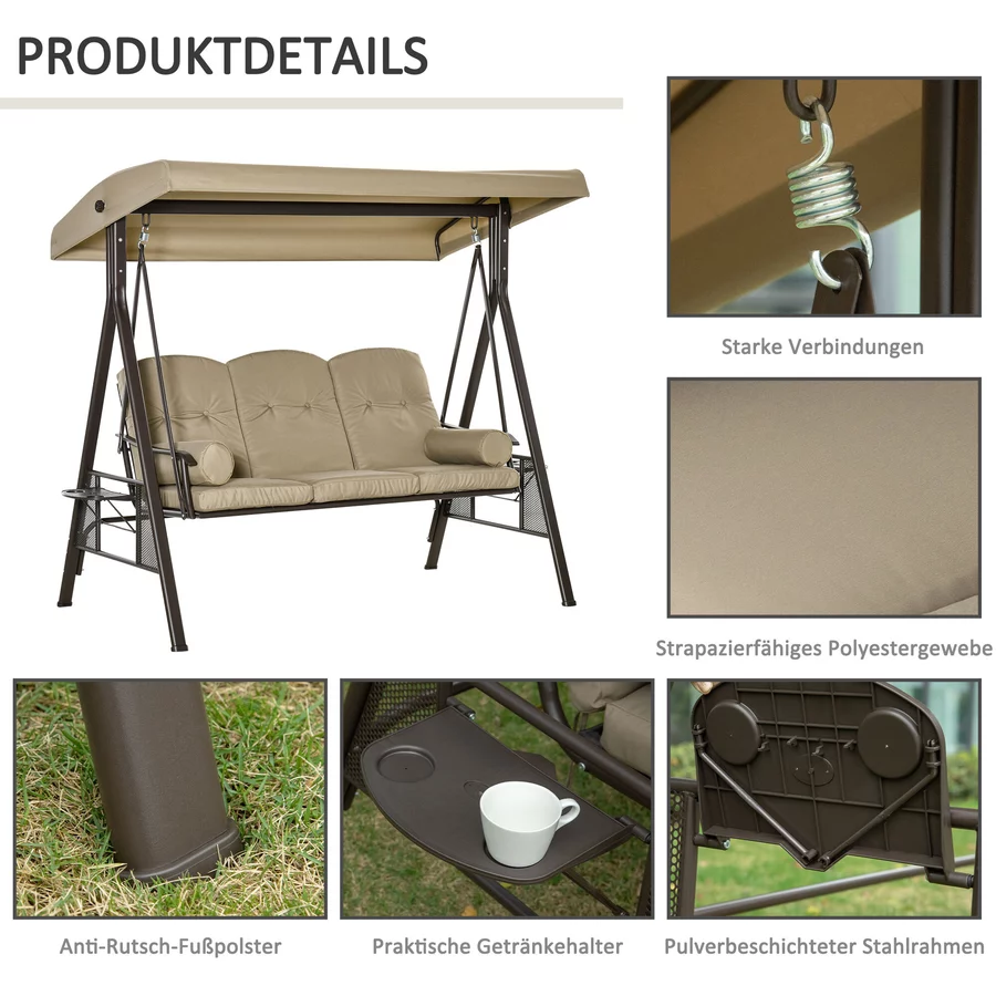 Outsunny Hollywoodschaukel als 3-Sitzer grau ,  braun