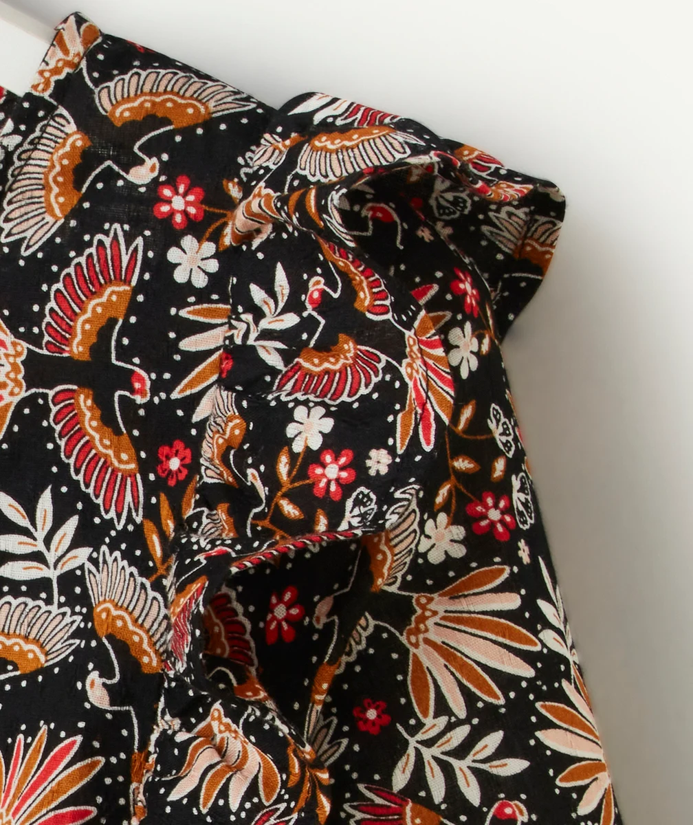 ROBE FILLE EN COTON NOIR ET IMPRIMÉ FLORAL AVEC VOLANTS