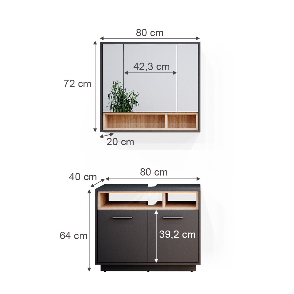 Vicco Badmöbel Badezimmermöbel Beatrice 2er Set aus Spiegelschrank Unterschrank
