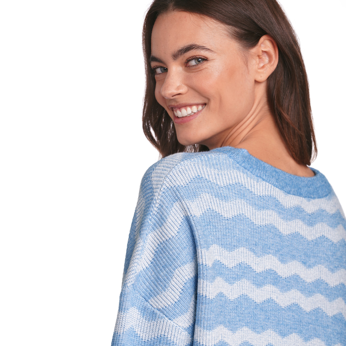 Gina Damen Strickpullover mit Zick-Zack-Muster hellblau