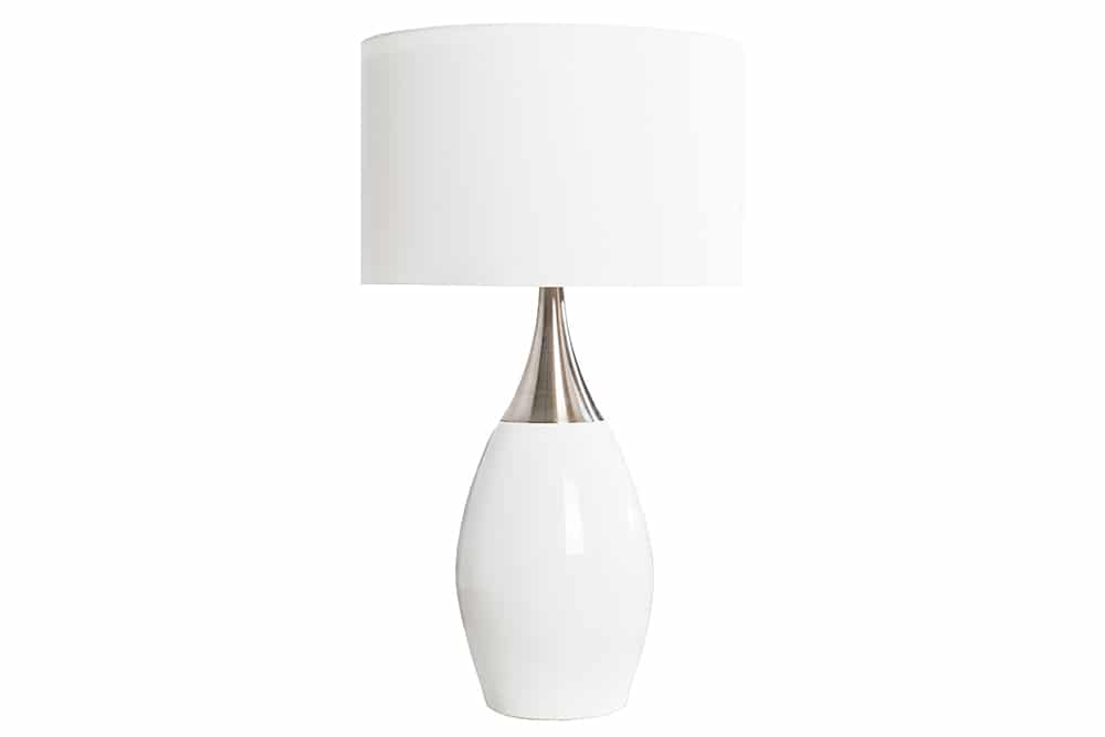 Moderne Tischlampe CARLA 60cm weiß silber mit Leinenschirm