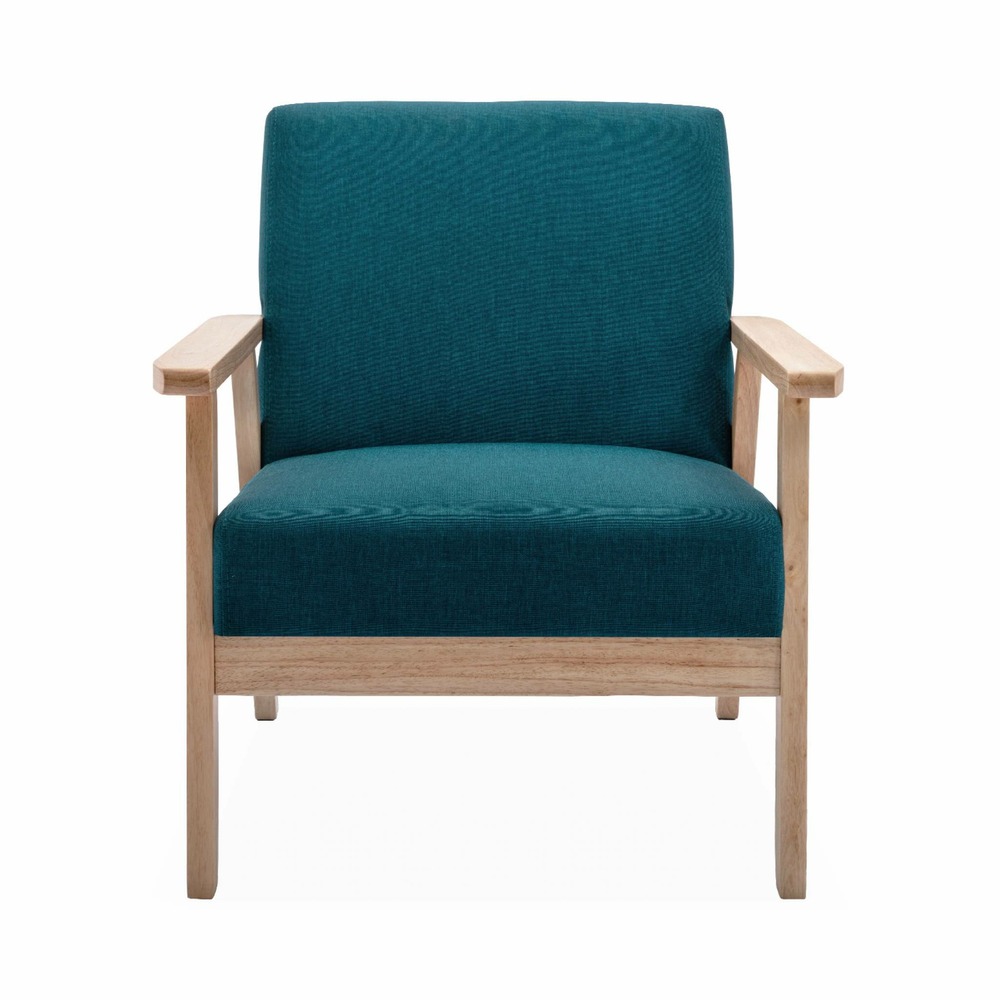 Fauteuil scandinave en bois et tissu bleu pétrole. Isak. L 64 x p 69.5 x h 73cm