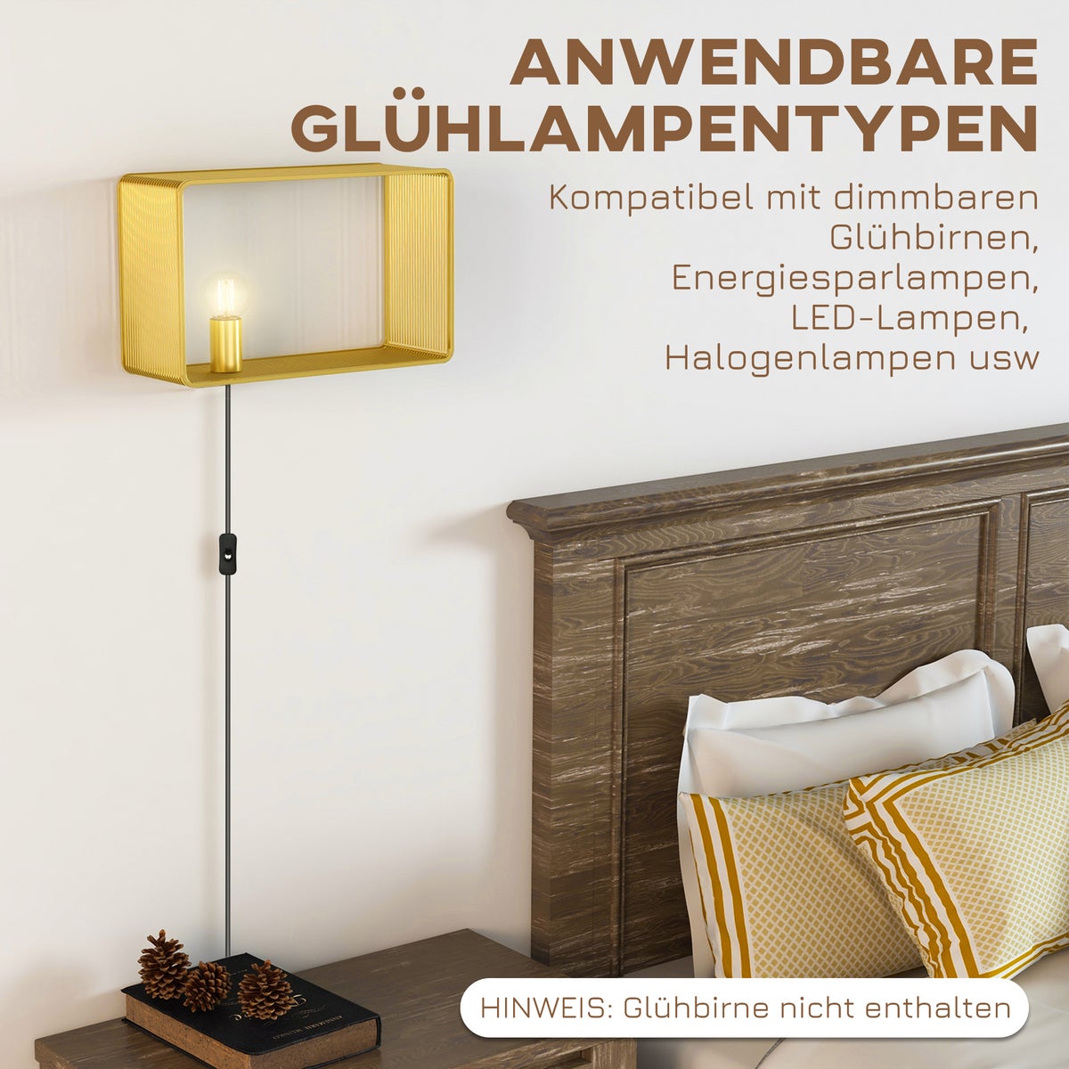 HOMCOM wandlamp, 40W wandlamp, hallamp, wandverlichting met tuimelschakelaar, voor woonkamer, slaapkamer, metaal, goud, 40,5 x 15,4 x 25,2 cm, lamp niet inbegrepen