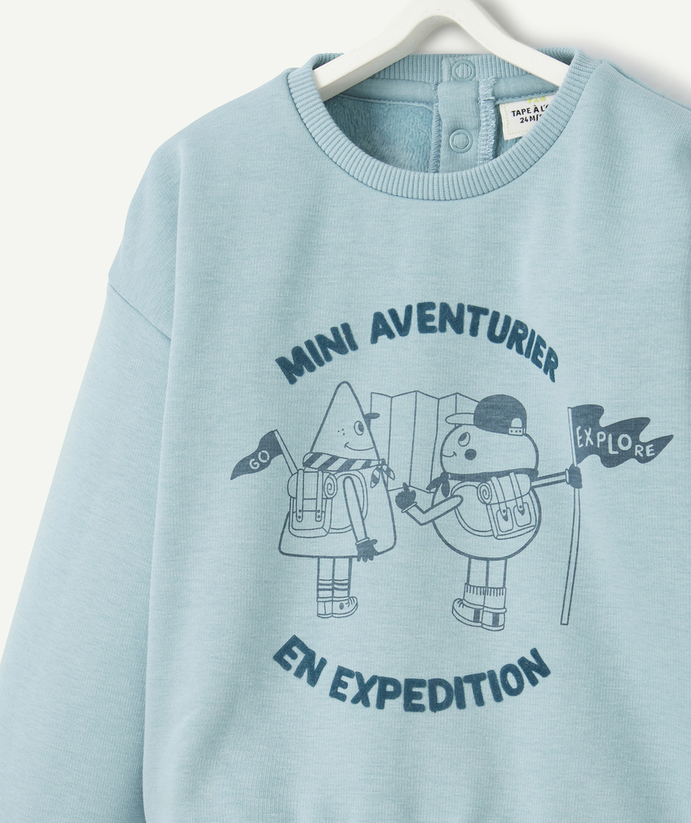 SWEAT BÉBÉ GARÇON BLEU EN FIBRES RECYCLÉES AVEC MESSAGE ET AVENTURIERS