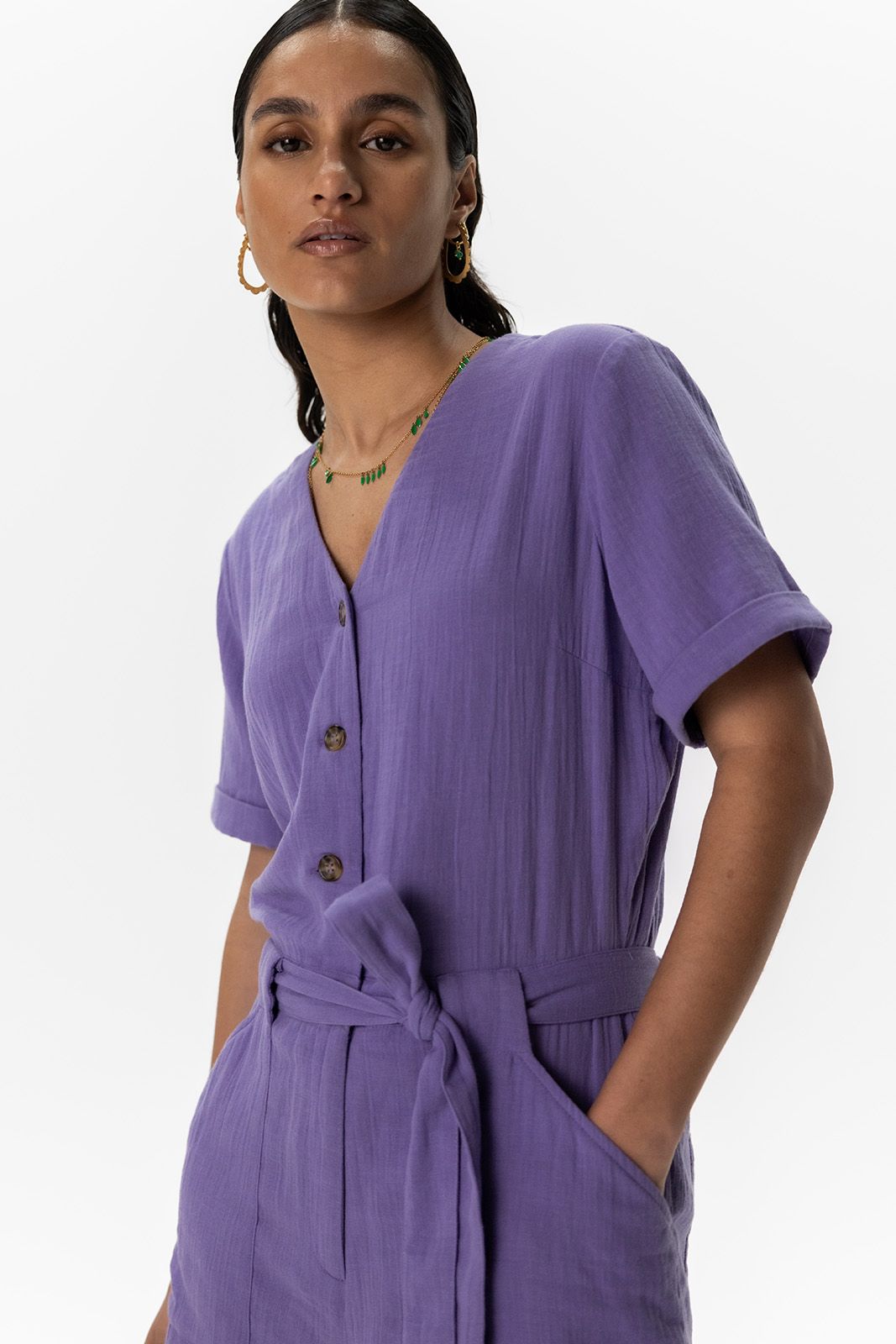 Paars mousseline playsuit met riem