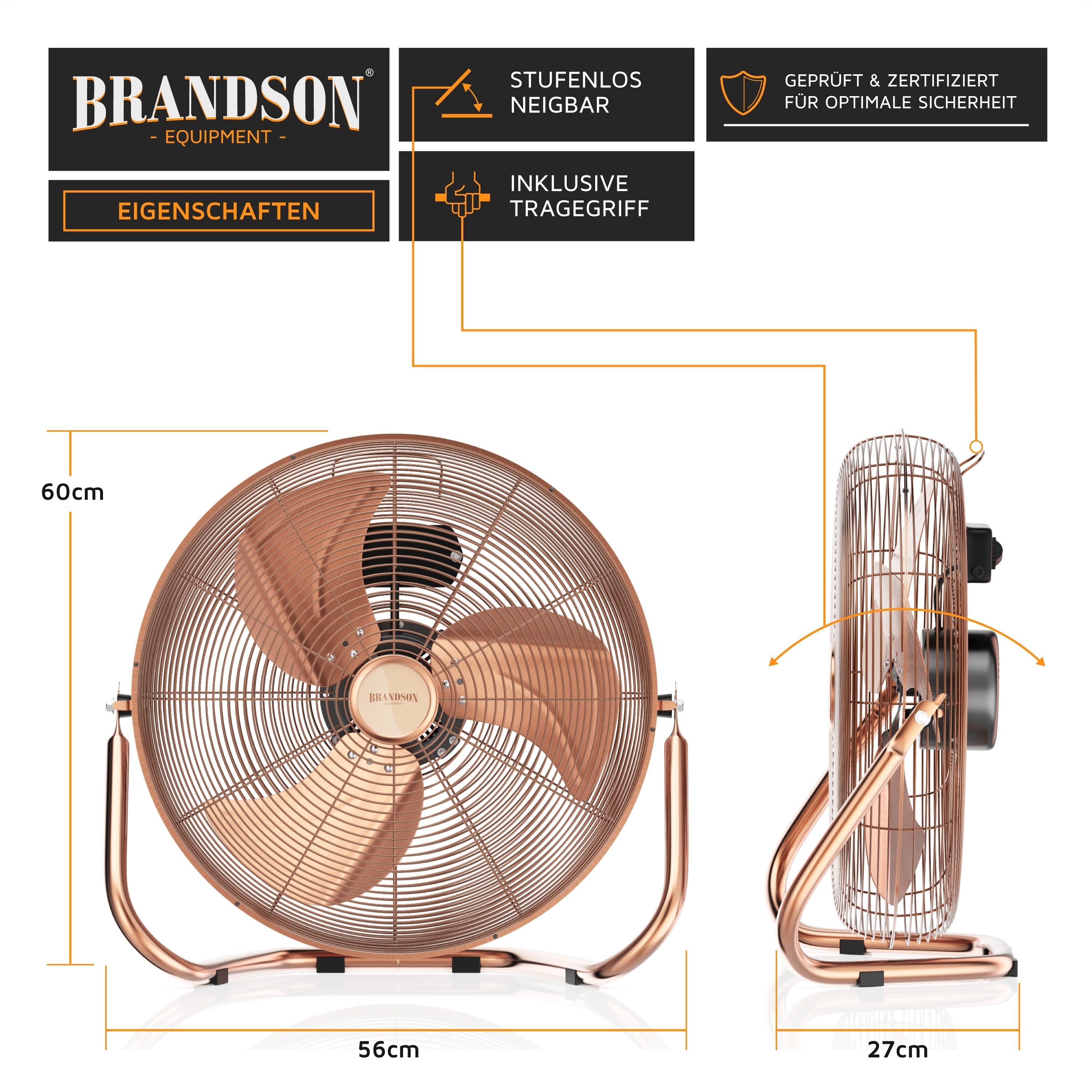 Brandson Windmaschine 160W, Bodenventilator, Ventilator, Standventilator, hoher Luftdurchsatz, stufenlos neigbar, Kupfer