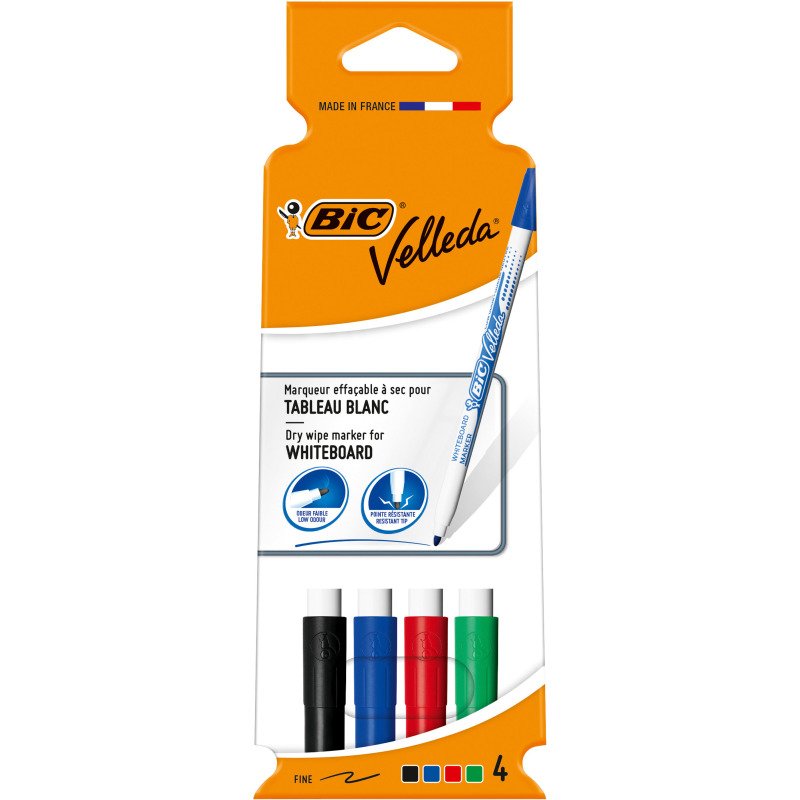 Marqueur effaçable Bic Velleda 1721 pointe ogive 2,8 mm - Pochette de 4 couleurs assorties