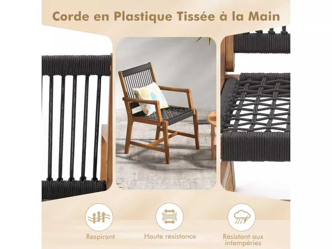 Chaises de Jardin Extérieur Lot de 2 en Bois d’Acacia, Chaise de Salle à Manger en Corde avec Accoudoirs, Fauteuil Jardin Extérieur Intérieur pour Terrasse Patio Cour Cuisine, Charge 160 KG