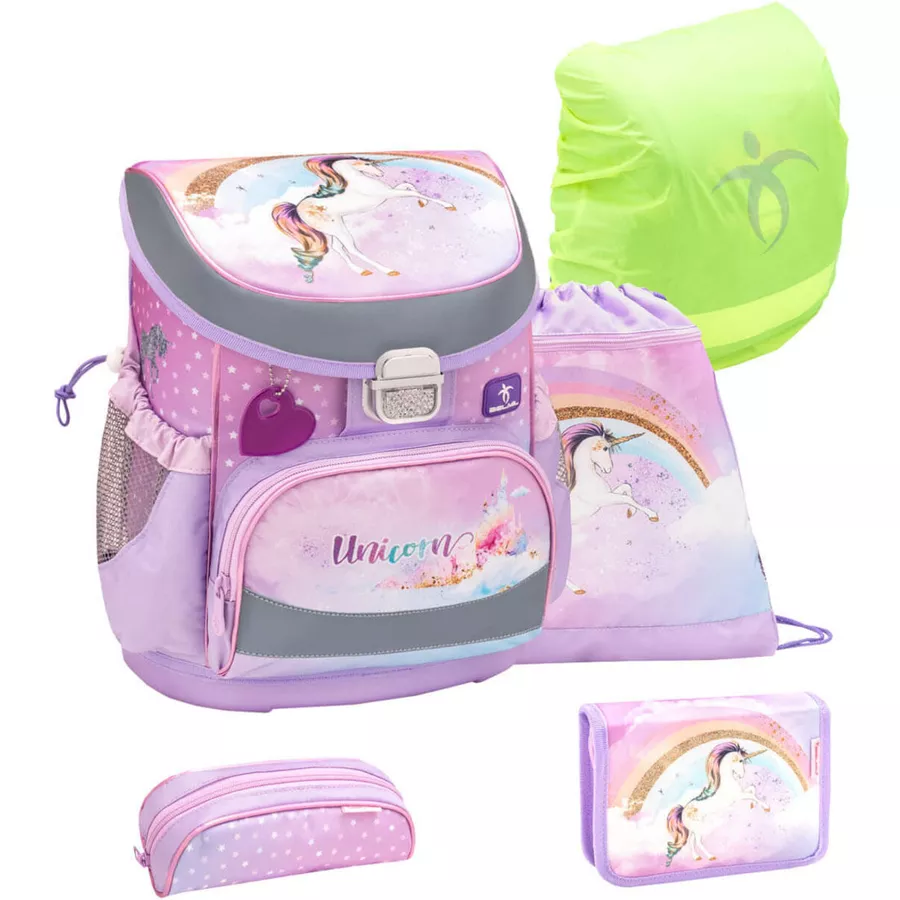 Belmil Schulranzen Mini Fit Schulranzen Set 5-teilig mit Brustgurt Rainbow Unicorn
