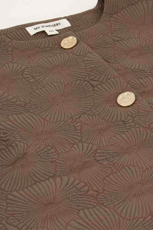 Bruine jacquard top met pofmouwen