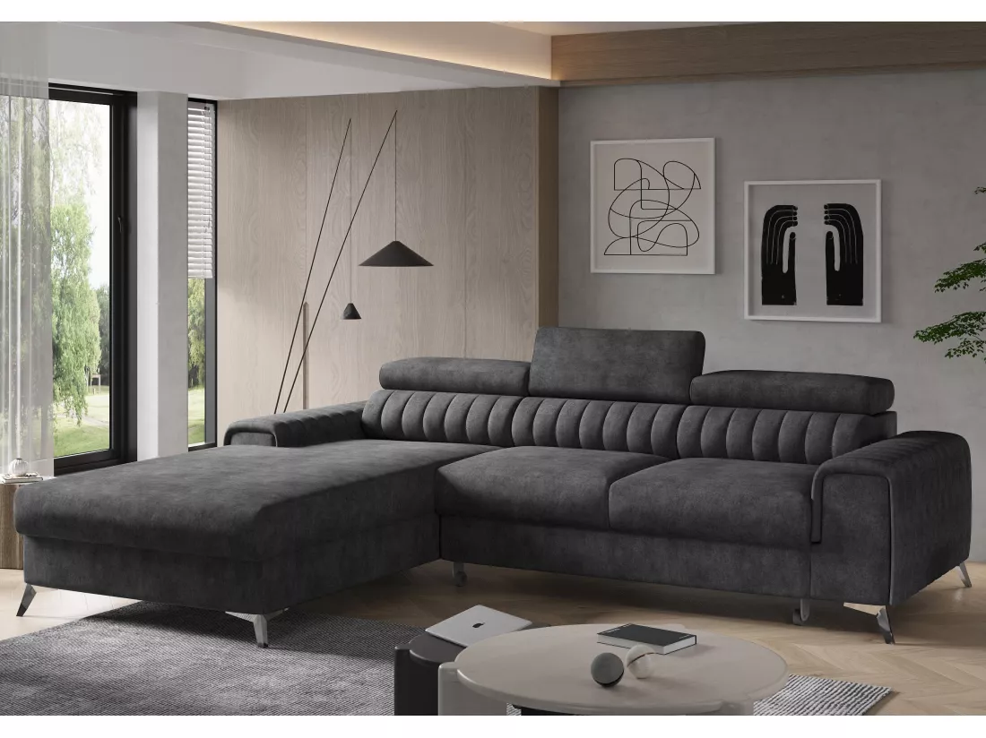 Canapé convertible angle gauche vintage tissu effet cuir noir Grenky 276cm