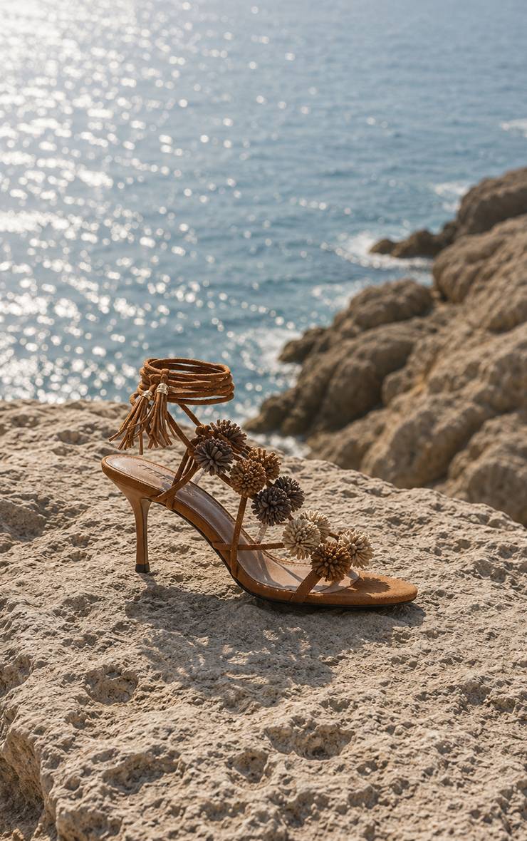 Beige Sandales À Talons En Synthétique Avec Pompons Et Lacets