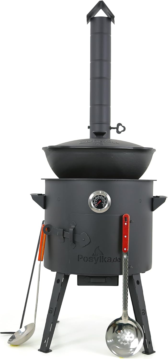 Utschak Uchag Feuerofen Ø 40 cm 2 mm Stahl Herdplatte 4mm Kazan 12 L runder Boden mit Thermometer Учак Учаг Uchag Asia (Set 506)