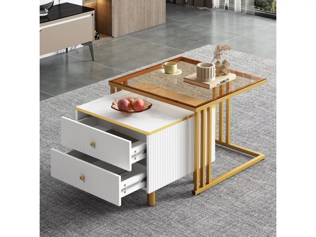 Lot de 2 tables basses gigognes carrées avec 2 tiroirs - 59,5x60x45,6cm + 50x50x40cm - Motif à marbre - Bois MDF et métal - Blanc + or