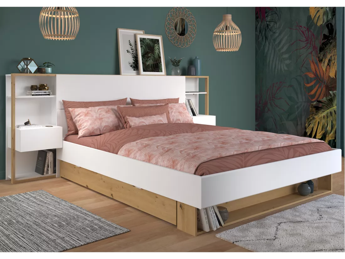 Lit avec chevets et rangements 160 x 200 cm - Coloris : Blanc et naturel + Sommier - MISTA