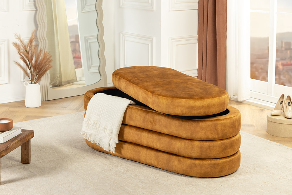 Extravagante Polsterbank VOGUE 115cm senfgelb Samt Sitzbank mit Stauraum