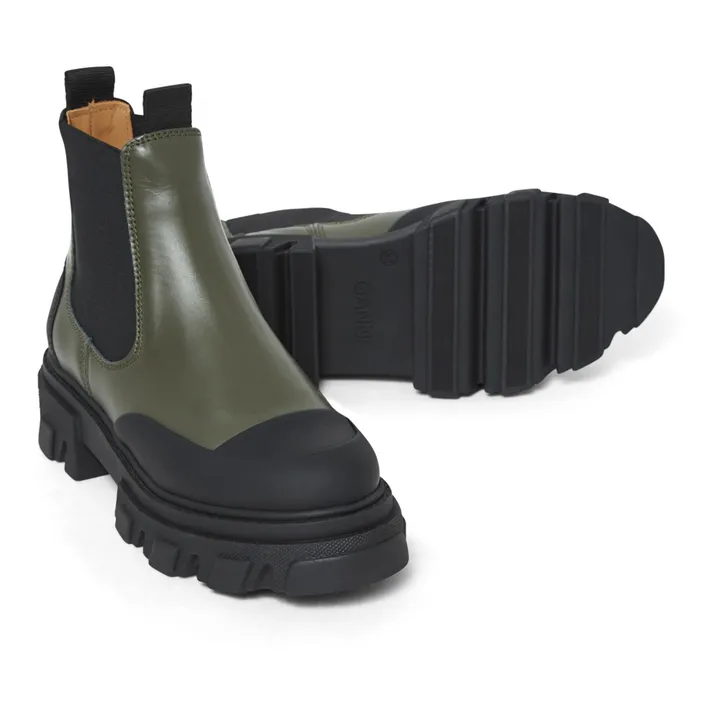 Ganni Chelsea Boots Basses Cuir | Vert kaki