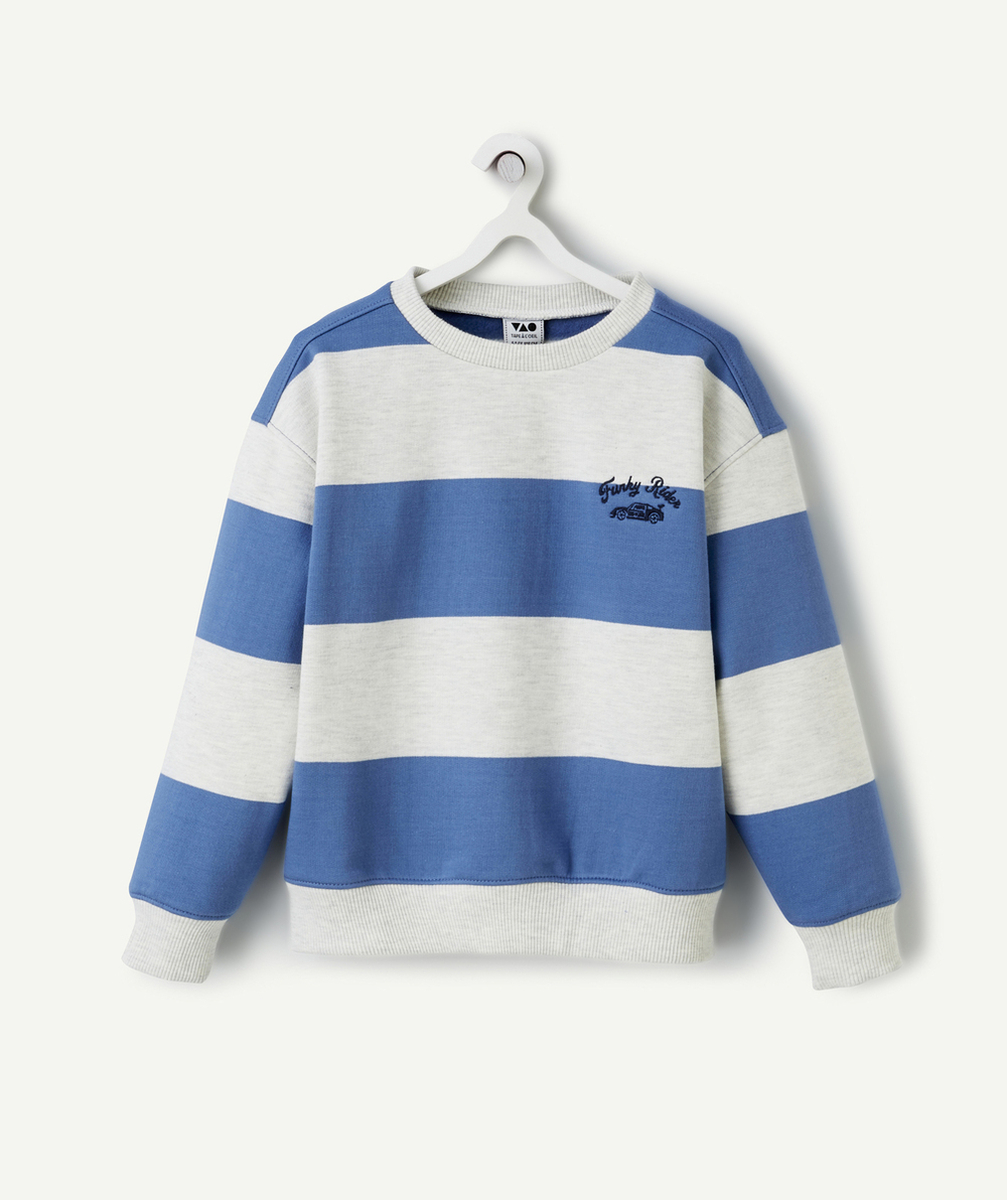 SWEAT GARÇON EN FIBRES RECYCLÉES AVEC RAYURES ET MESSAGE BRODÉ