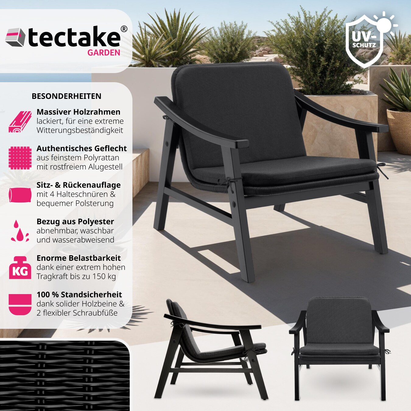 tectake® Rattan Stuhl, mit lackiertem Holzgestell, höhenverstellbare Füße, 69 x 76 x 69,5 cm