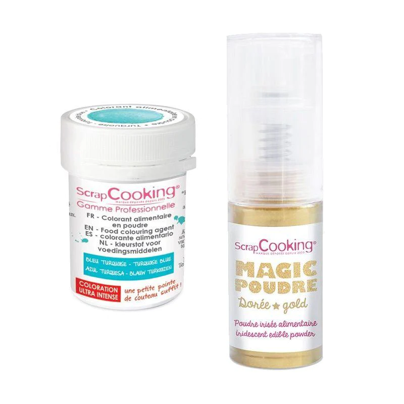 Colorant alimentaire en poudre turquoise + Poudre alimentaire irisée d